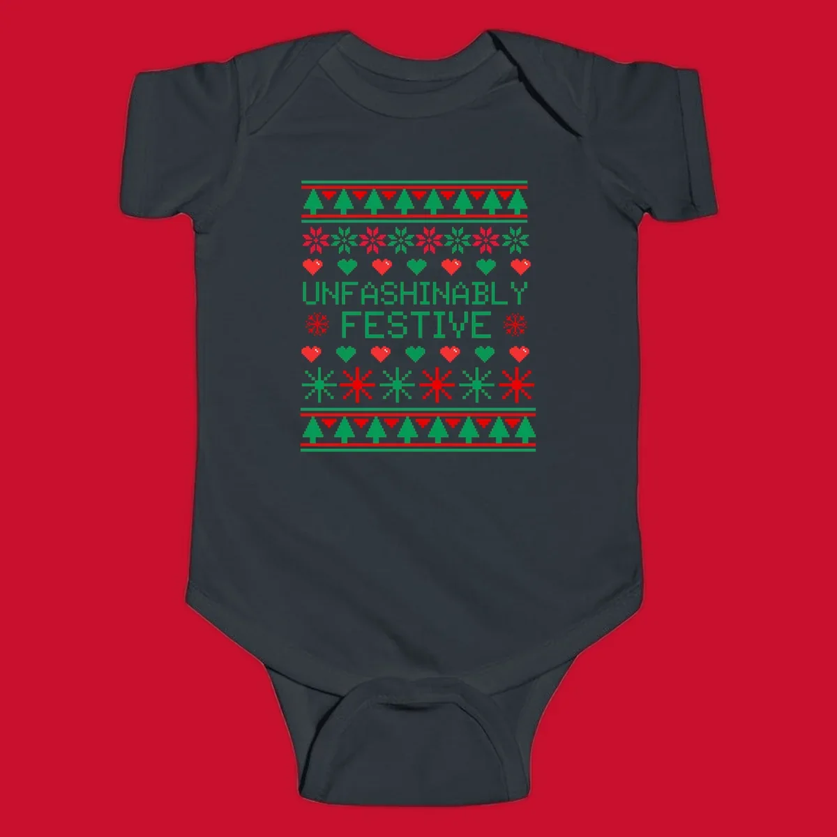 Unfashionably festive christmas design with pixelated trees, snowflakes, and hearts.