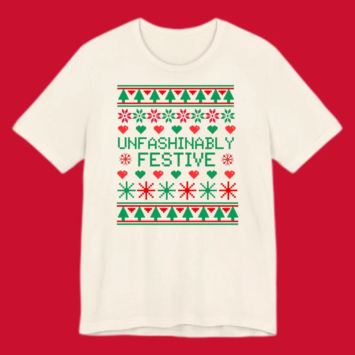 Unfashionably festive christmas design with pixelated trees, snowflakes, and hearts.
