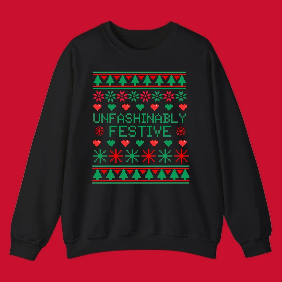 Unfashionably festive christmas design with pixelated trees, snowflakes, and hearts.
