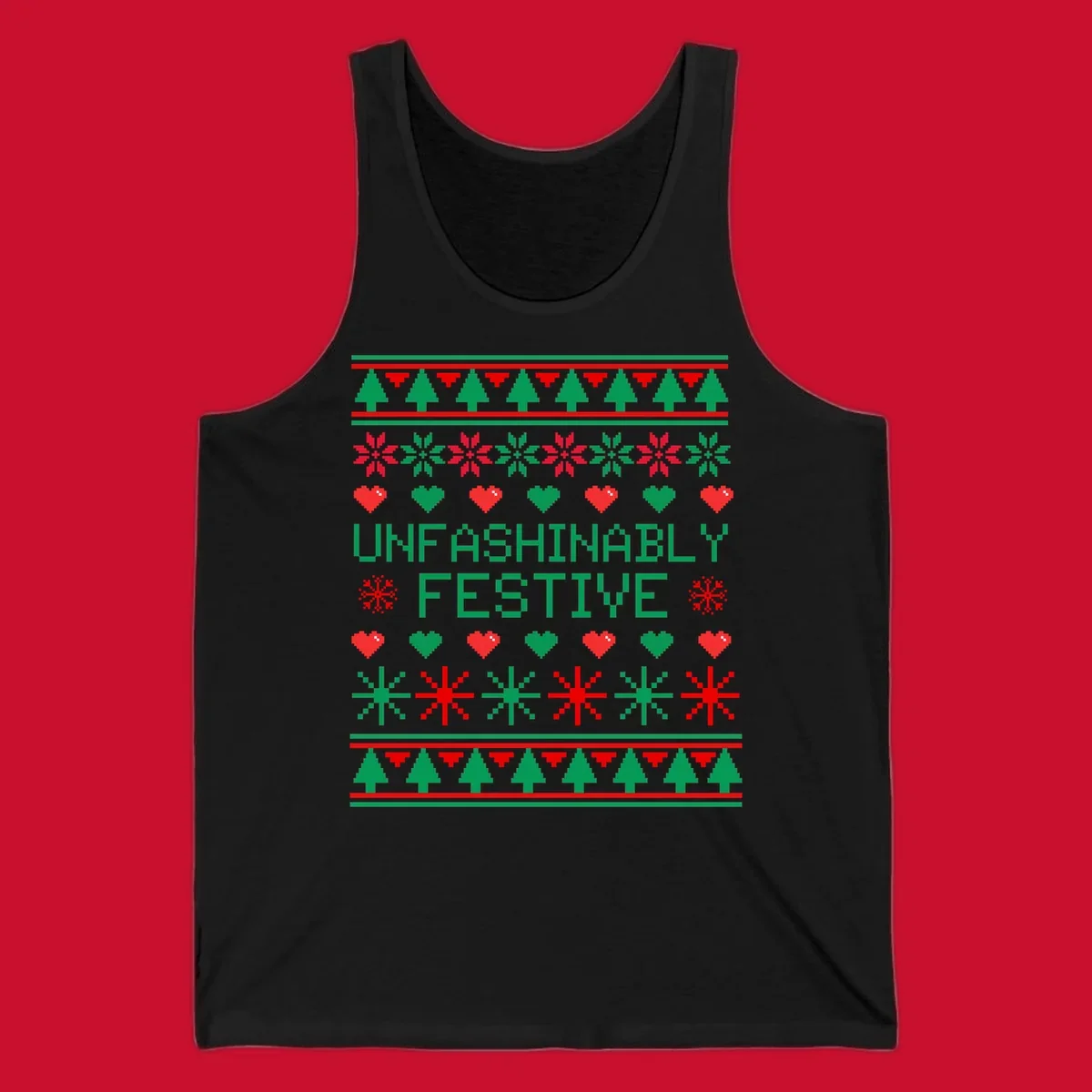Unfashionably festive christmas design with pixelated trees, snowflakes, and hearts.