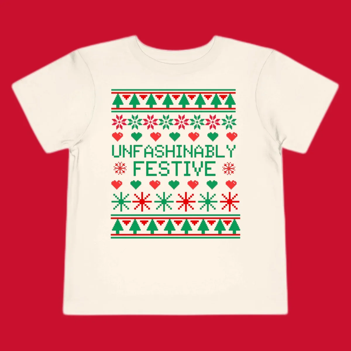 Unfashionably festive christmas design with pixelated trees, snowflakes, and hearts.