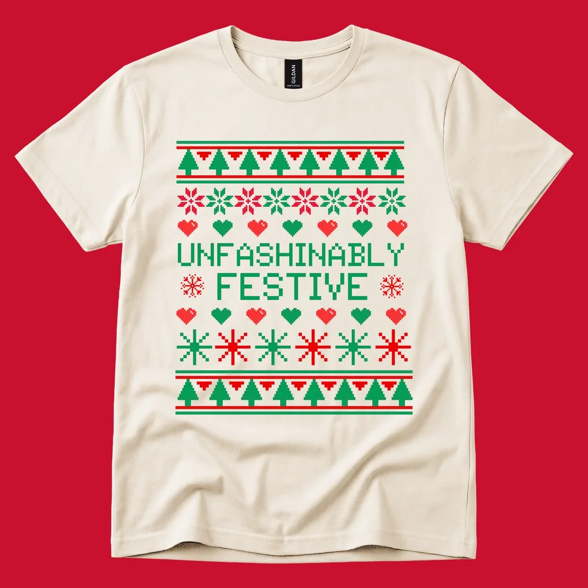 Unfashionably festive christmas design with pixelated trees, snowflakes, and hearts.