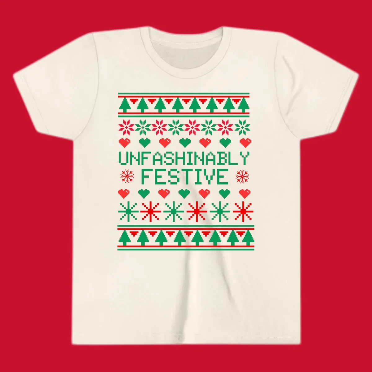 Unfashionably festive christmas design with pixelated trees, snowflakes, and hearts.
