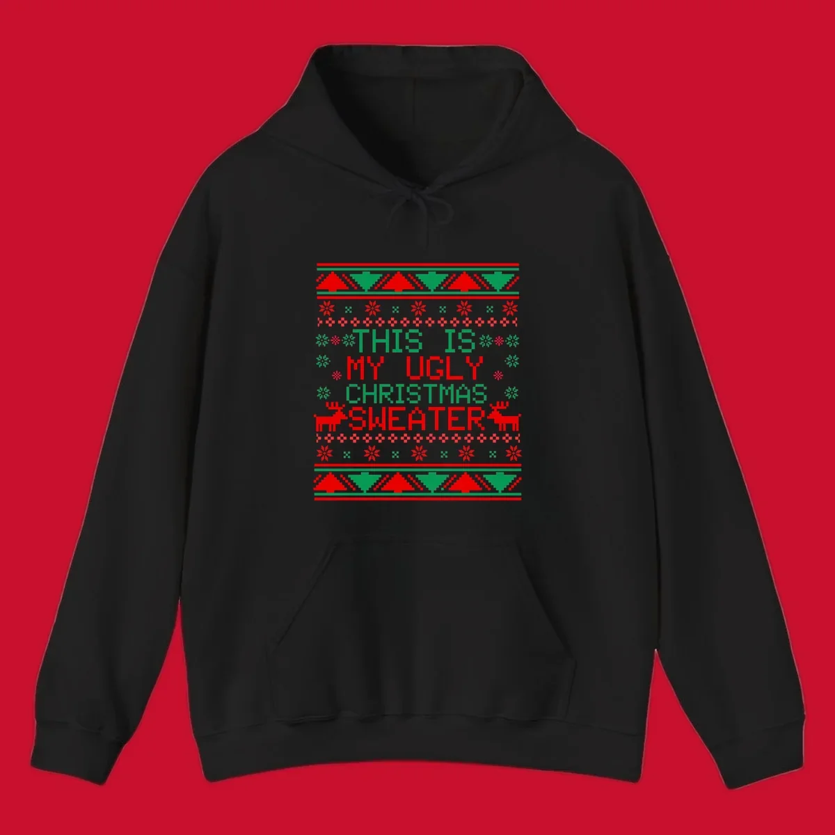 Ugly Christmas sweater statement design with pixelated text, reindeer, and snowflakes.
