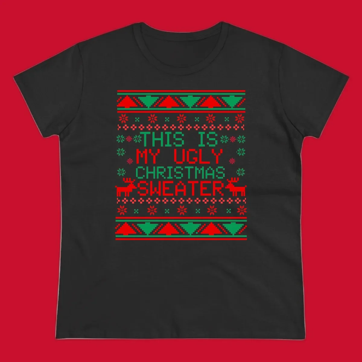 Ugly Christmas sweater statement design with pixelated text, reindeer, and snowflakes.