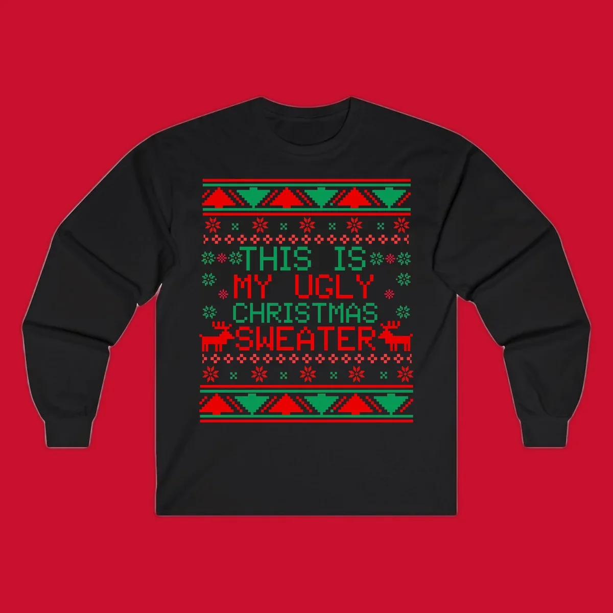 Ugly Christmas sweater statement design with pixelated text, reindeer, and snowflakes.