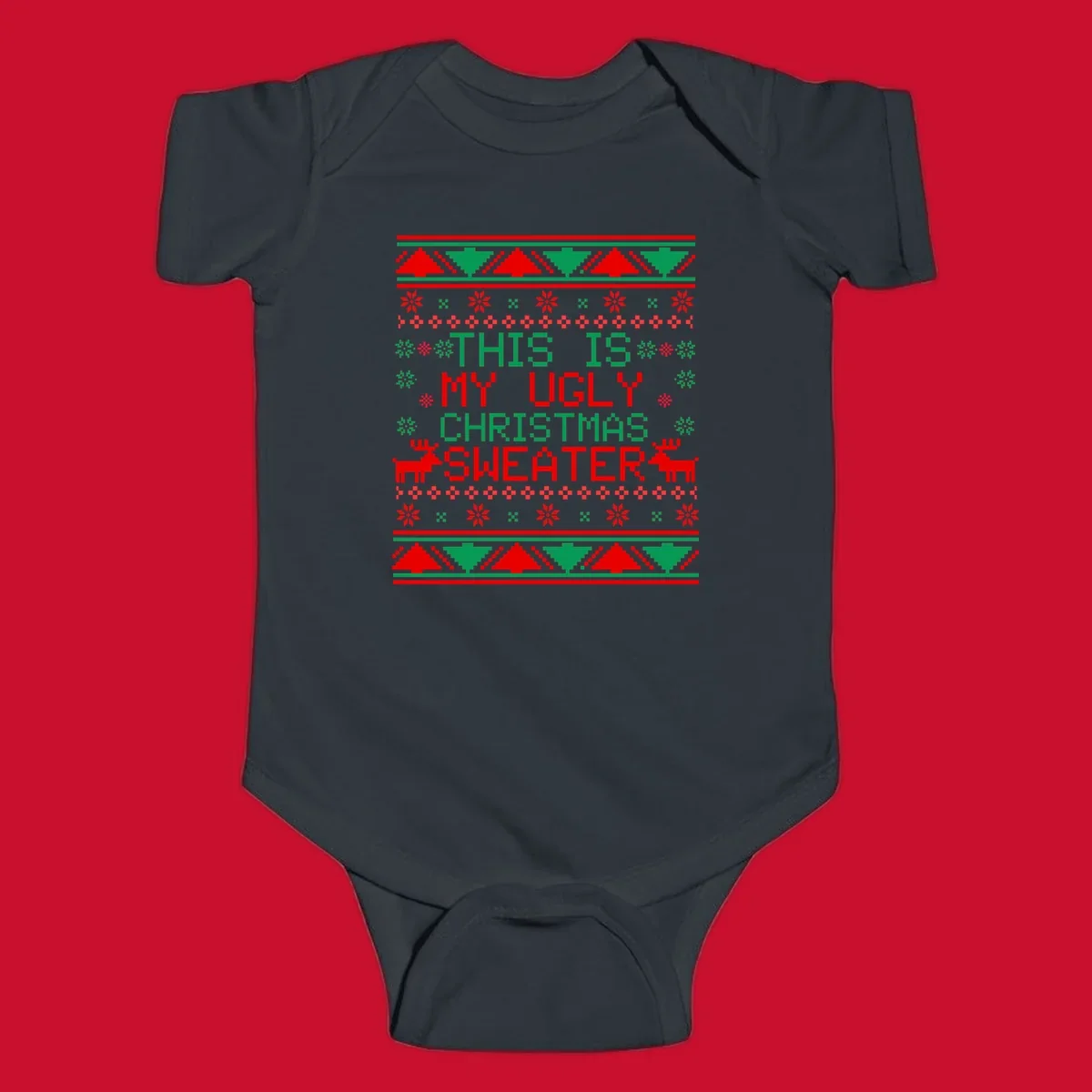 Ugly Christmas sweater statement design with pixelated text, reindeer, and snowflakes.