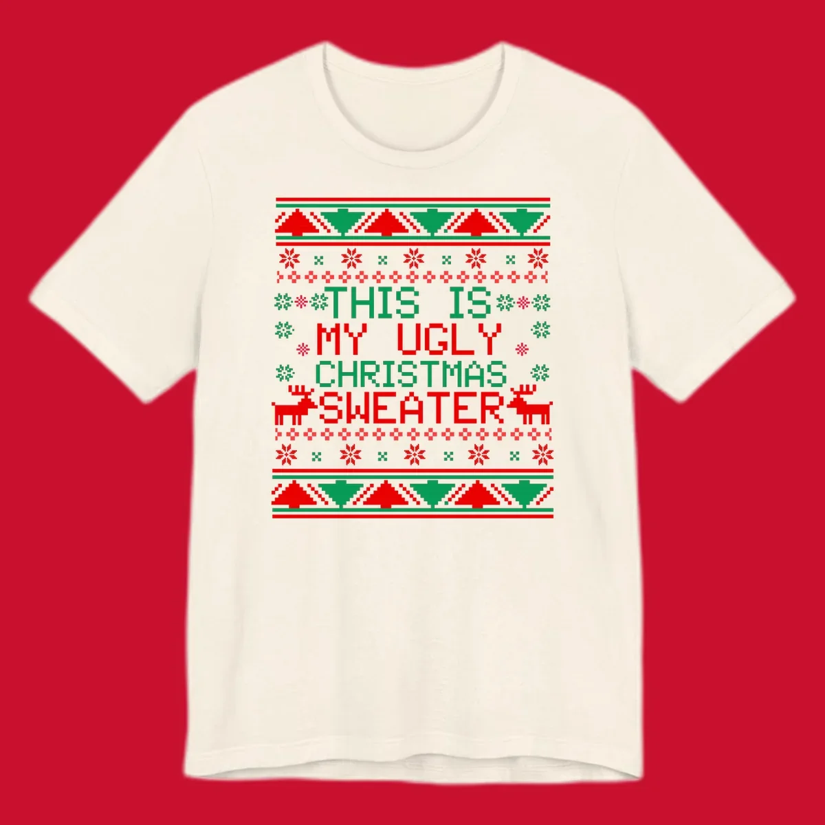 Ugly Christmas sweater statement design with pixelated text, reindeer, and snowflakes.