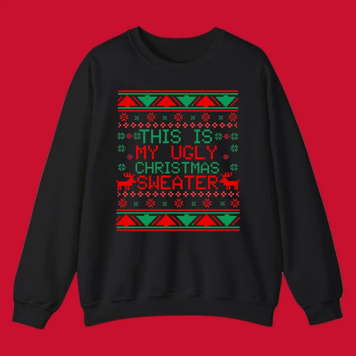 Ugly Christmas sweater statement design with pixelated text, reindeer, and snowflakes.
