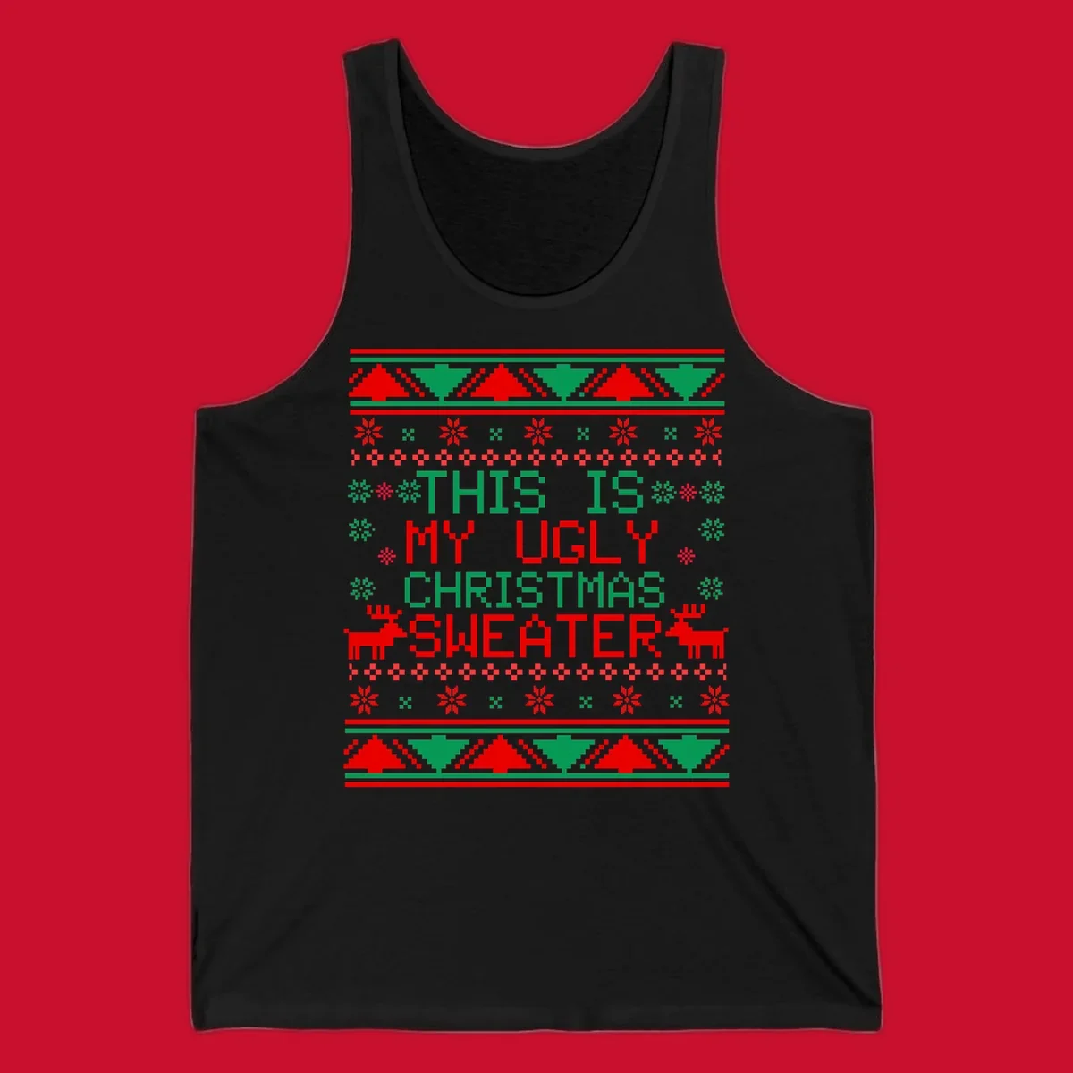 Ugly Christmas sweater statement design with pixelated text, reindeer, and snowflakes.