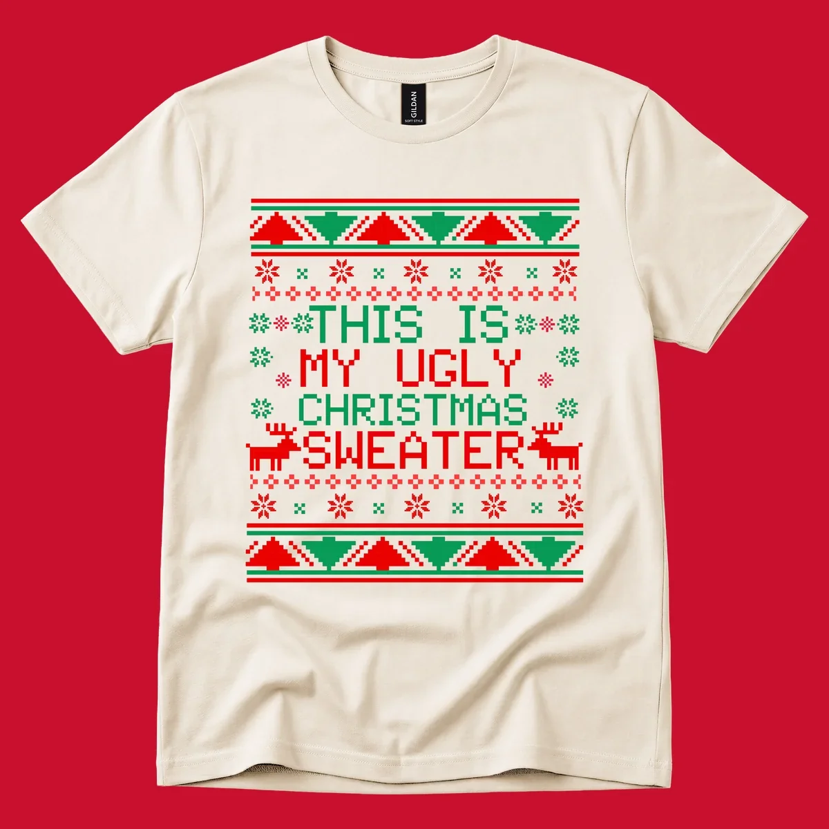 Ugly Christmas sweater statement design with pixelated text, reindeer, and snowflakes.
