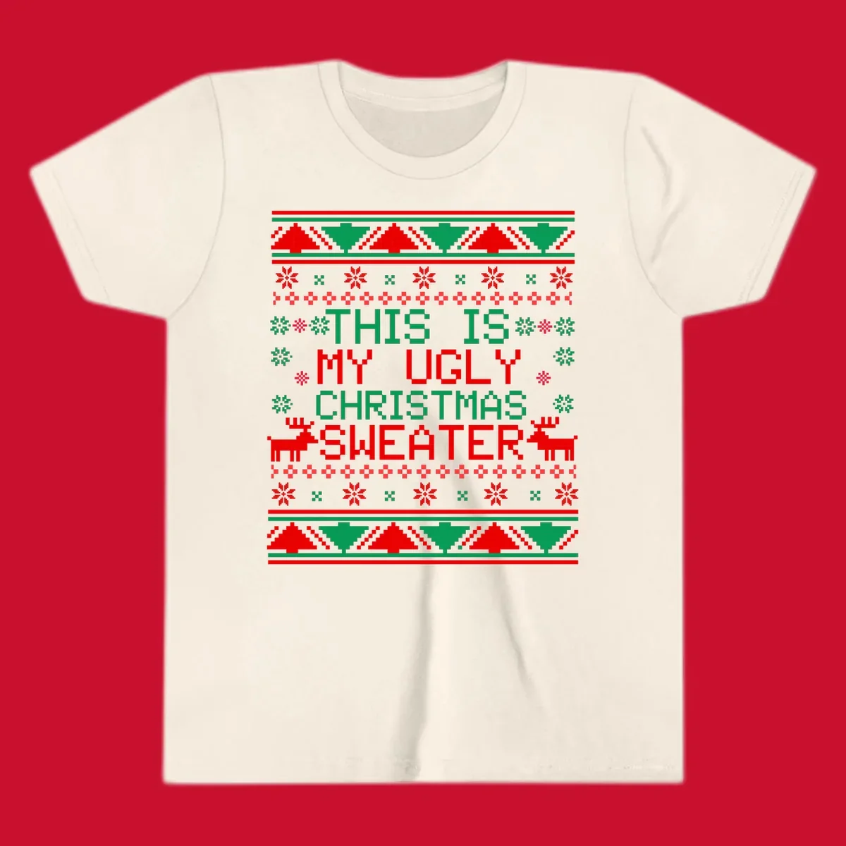 Ugly Christmas sweater statement design with pixelated text, reindeer, and snowflakes.