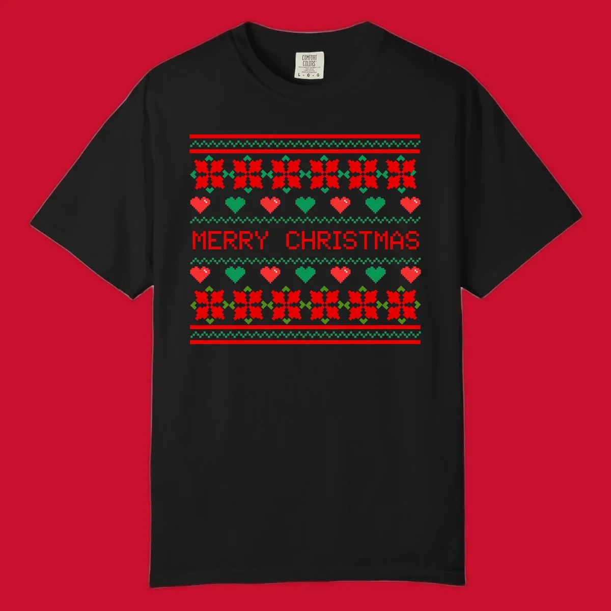 Merry Christmas pixel pattern with hearts and flowers on black and white backgrounds.