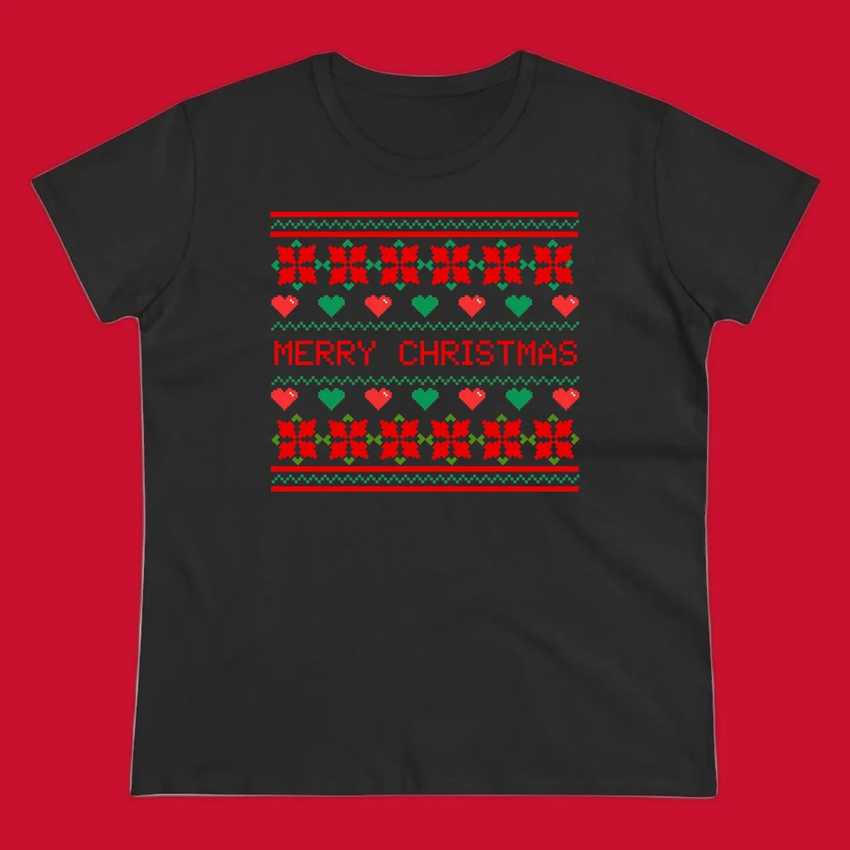 Merry Christmas pixel pattern with hearts and flowers on black and white backgrounds.
