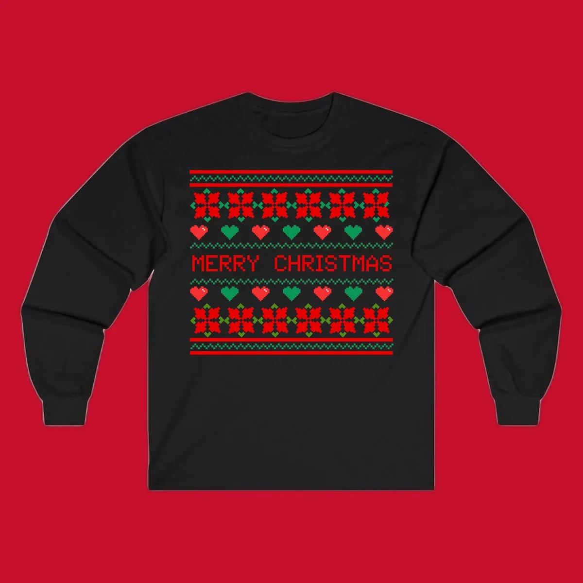 Merry Christmas pixel pattern with hearts and flowers on black and white backgrounds.