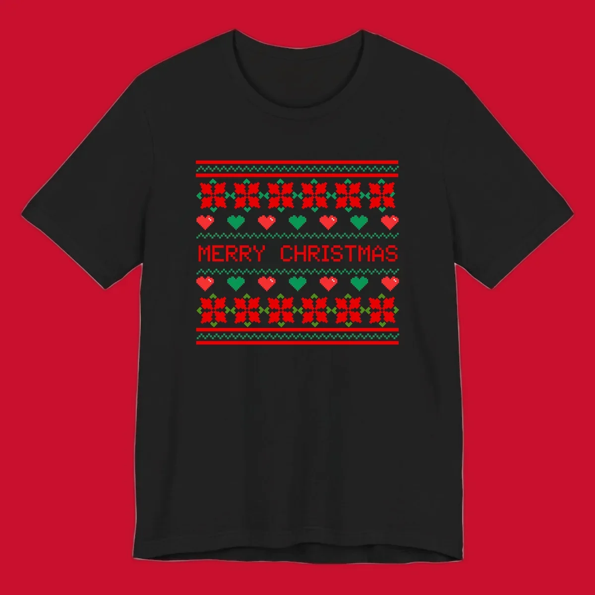 Merry Christmas pixel pattern with hearts and flowers on black and white backgrounds.