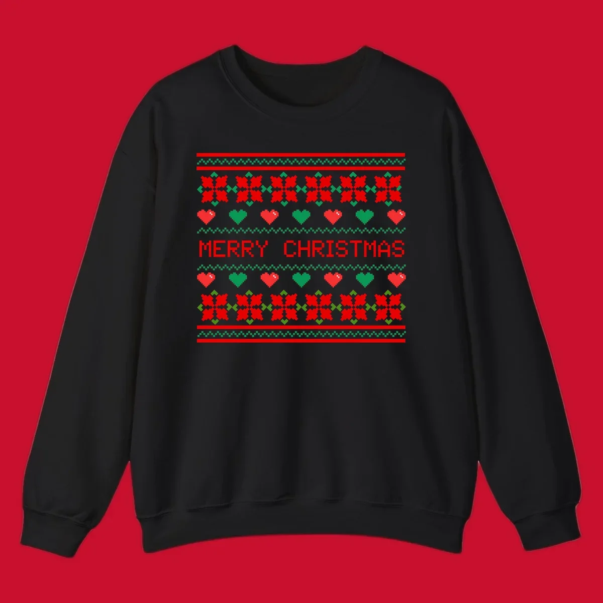 Merry Christmas pixel pattern with hearts and flowers on black and white backgrounds.