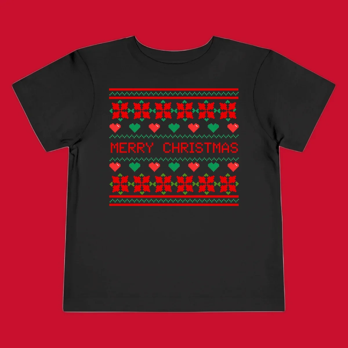 Merry Christmas pixel pattern with hearts and flowers on black and white backgrounds.