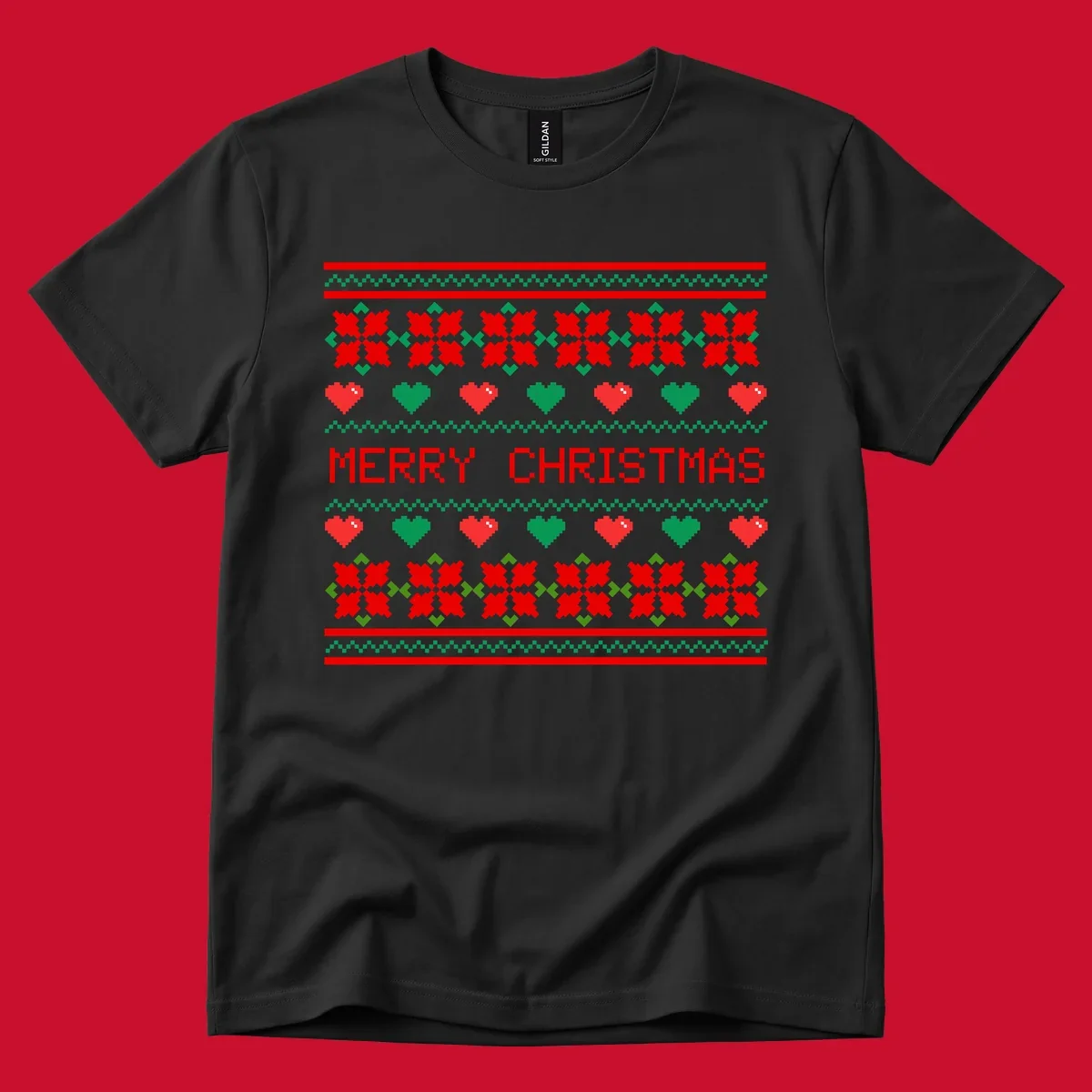 Merry Christmas pixel pattern with hearts and flowers on black and white backgrounds.