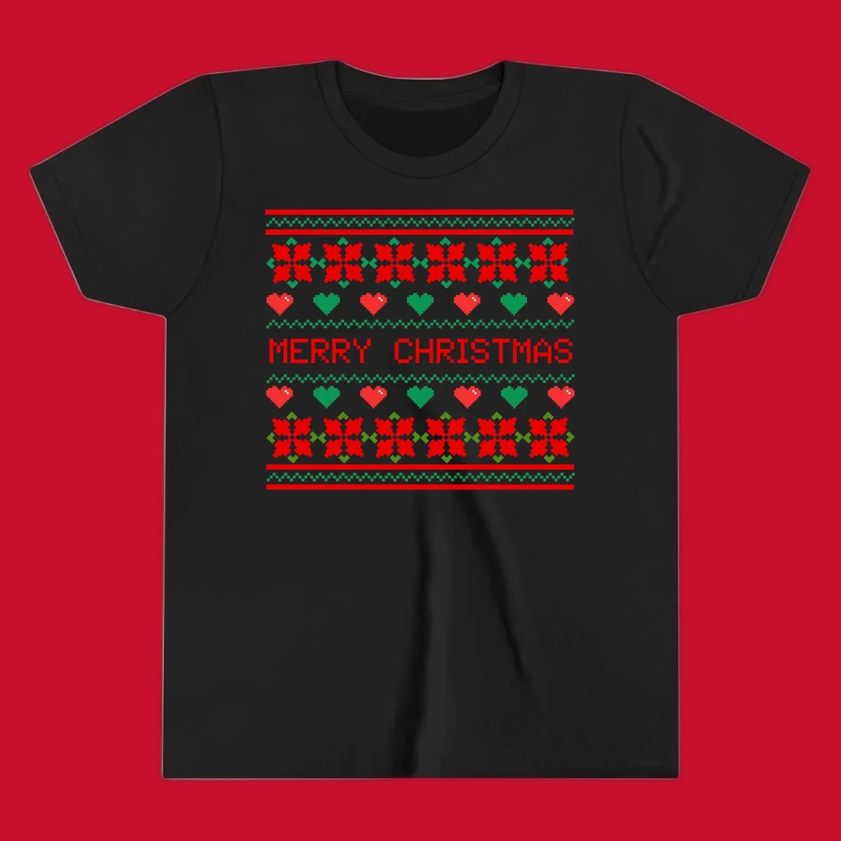 Merry Christmas pixel pattern with hearts and flowers on black and white backgrounds.