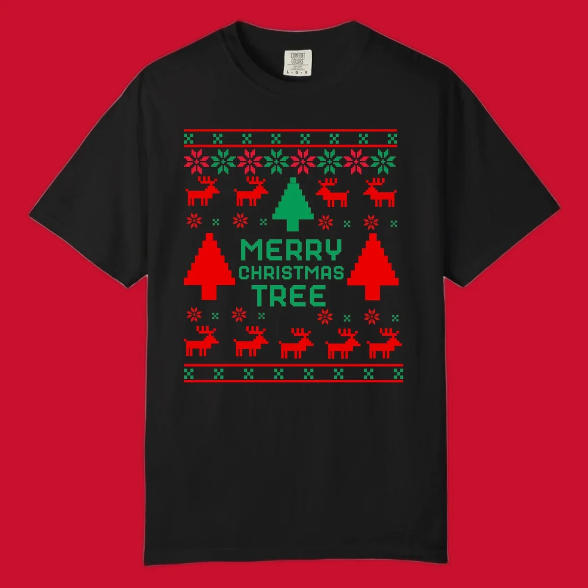 Ugly Christmas sweater pattern with reindeer, trees, snowflakes, and text 'MERRY CHRISTMAS TREE'.