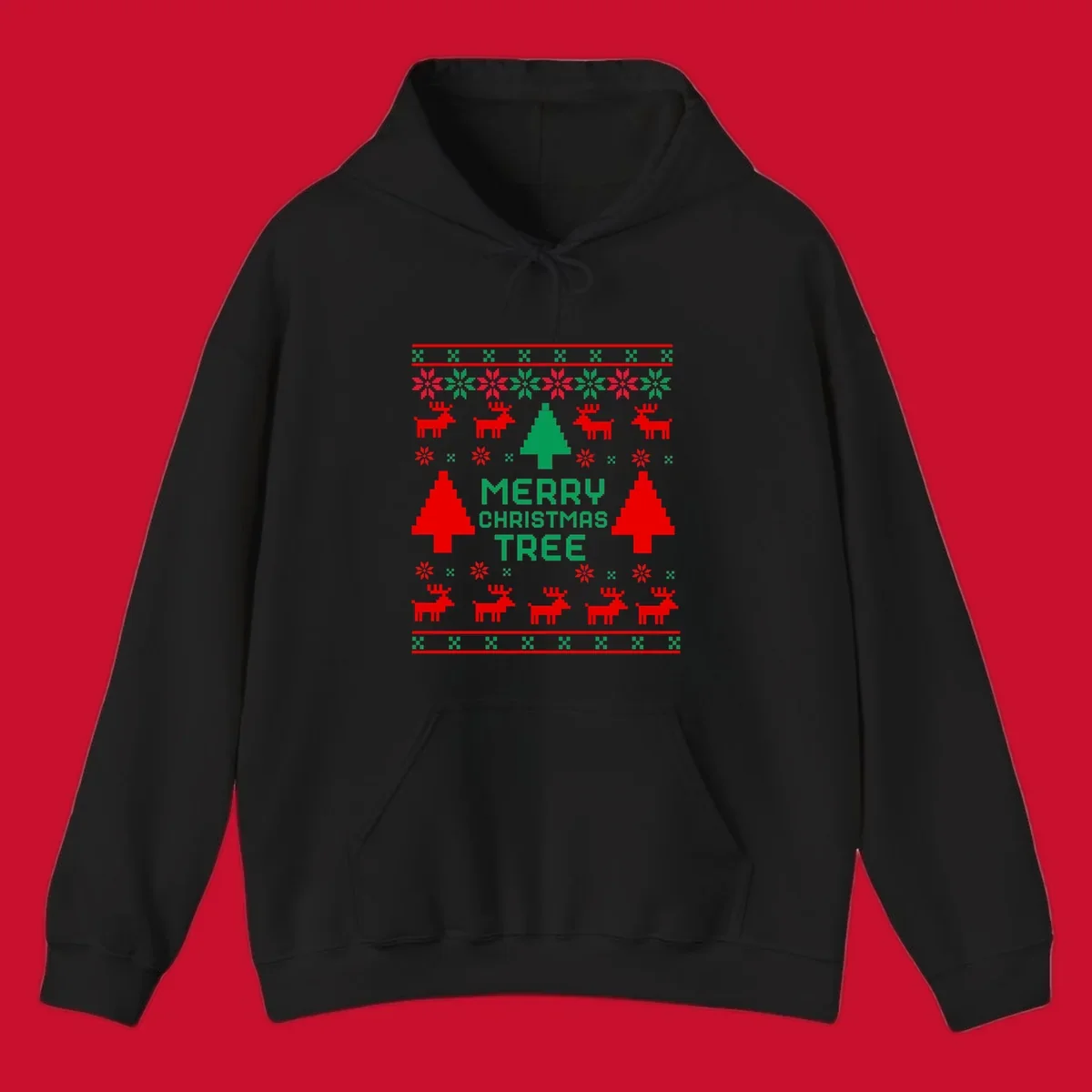 Ugly Christmas sweater pattern with reindeer, trees, snowflakes, and text 'MERRY CHRISTMAS TREE'.