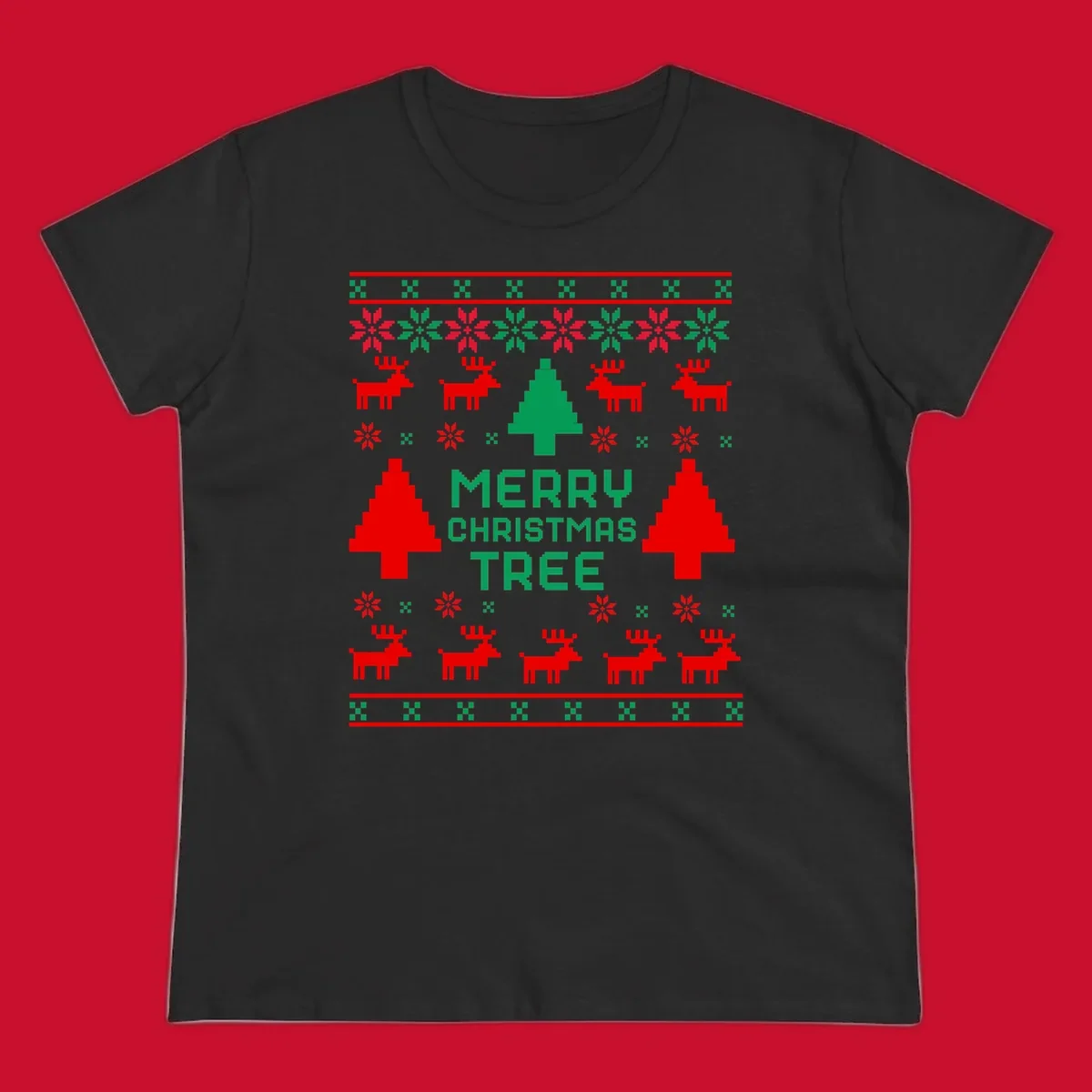 Ugly Christmas sweater pattern with reindeer, trees, snowflakes, and text 'MERRY CHRISTMAS TREE'.