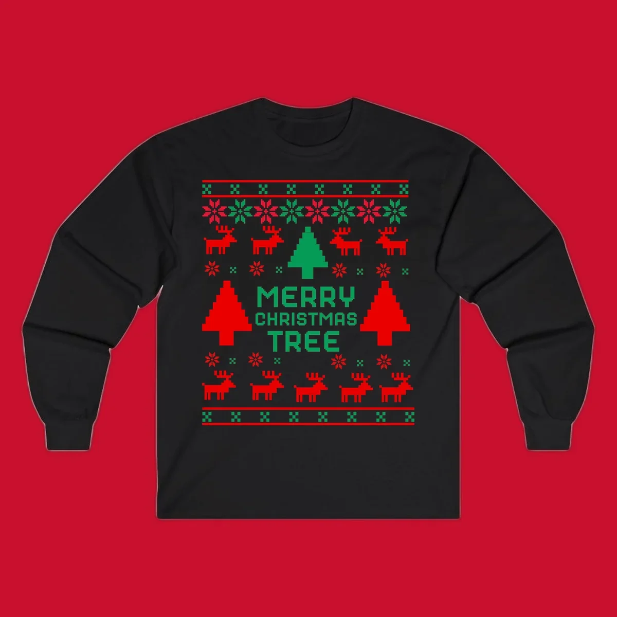 Ugly Christmas sweater pattern with reindeer, trees, snowflakes, and text 'MERRY CHRISTMAS TREE'.