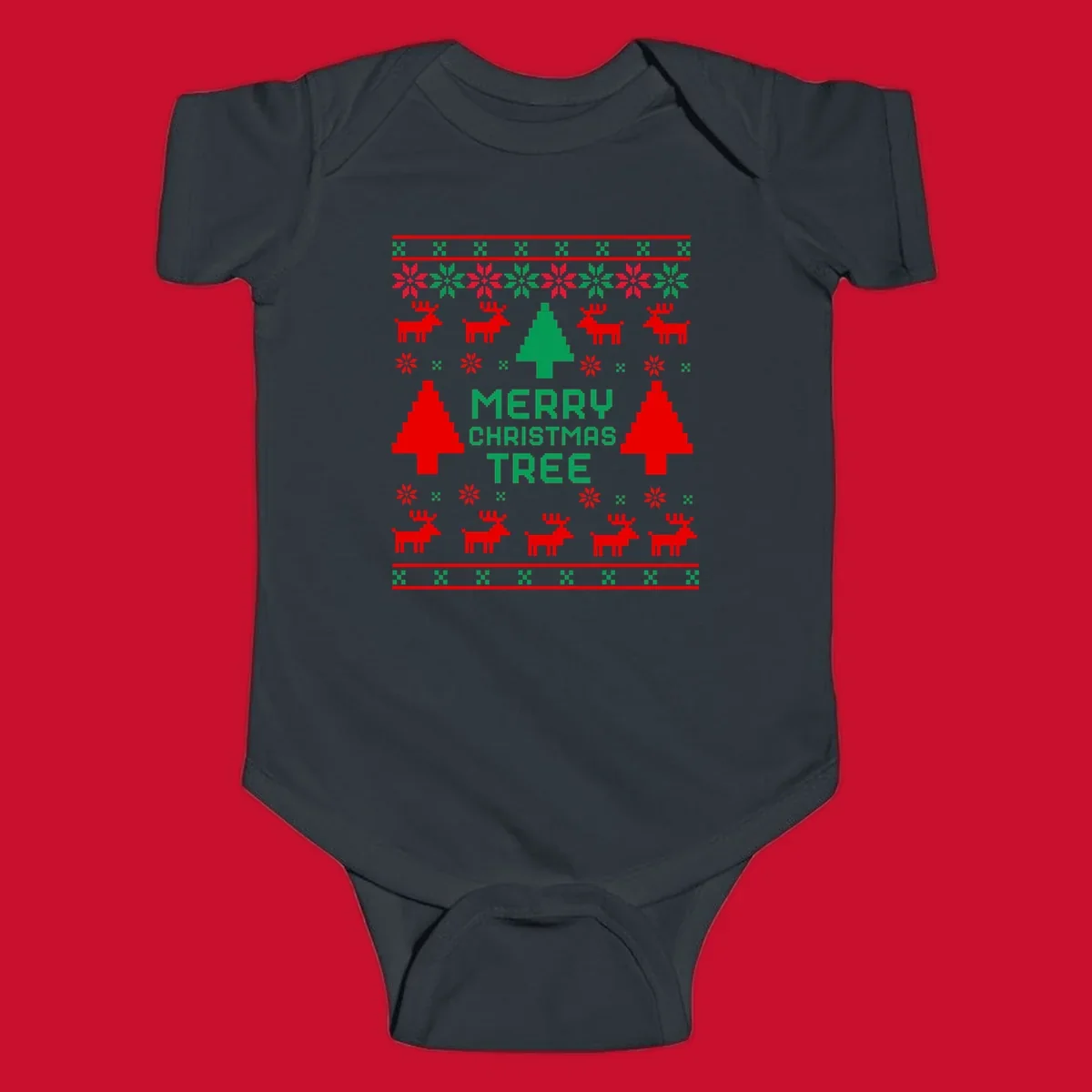 Ugly Christmas sweater pattern with reindeer, trees, snowflakes, and text 'MERRY CHRISTMAS TREE'.