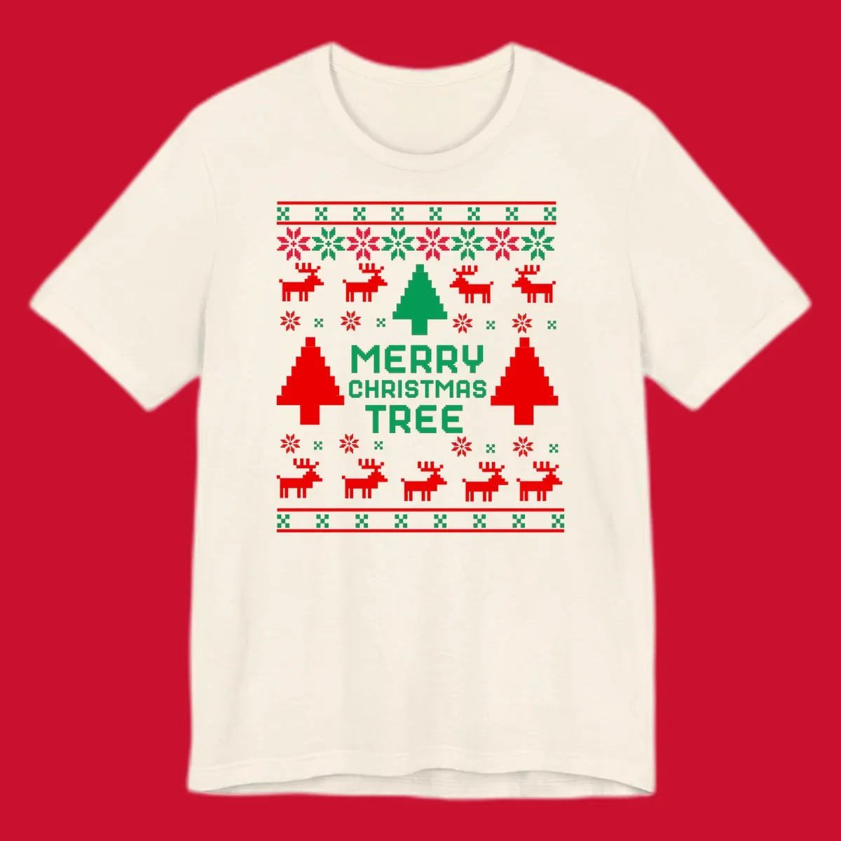 Ugly Christmas sweater pattern with reindeer, trees, snowflakes, and text 'MERRY CHRISTMAS TREE'.