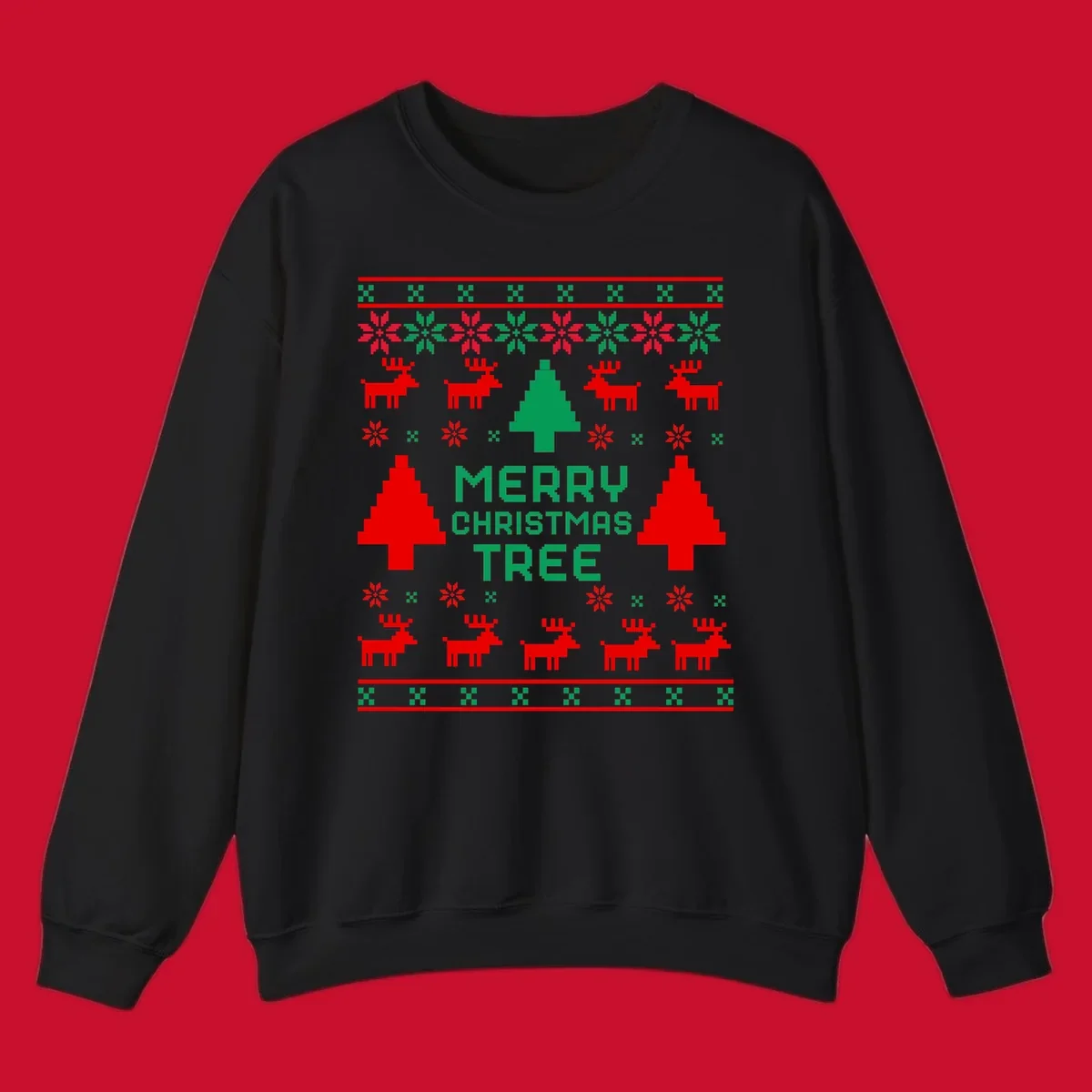 Ugly Christmas sweater pattern with reindeer, trees, snowflakes, and text 'MERRY CHRISTMAS TREE'.