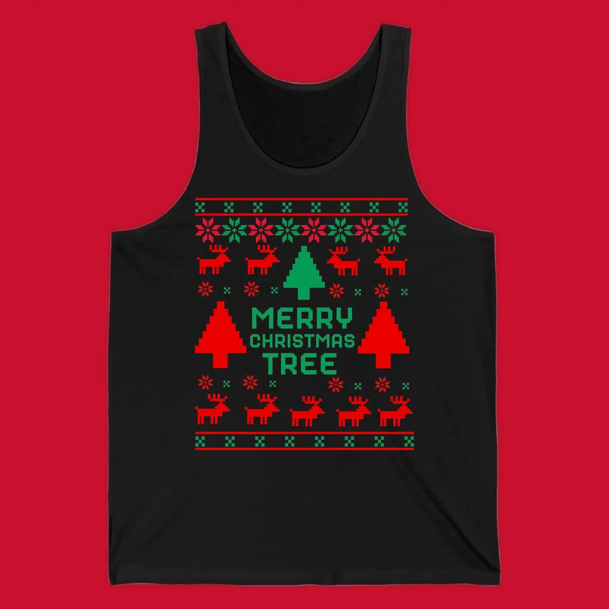 Ugly Christmas sweater pattern with reindeer, trees, snowflakes, and text 'MERRY CHRISTMAS TREE'.
