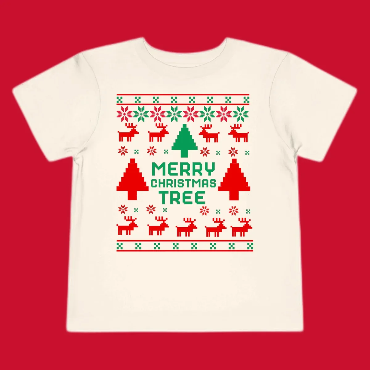 Ugly Christmas sweater pattern with reindeer, trees, snowflakes, and text 'MERRY CHRISTMAS TREE'.