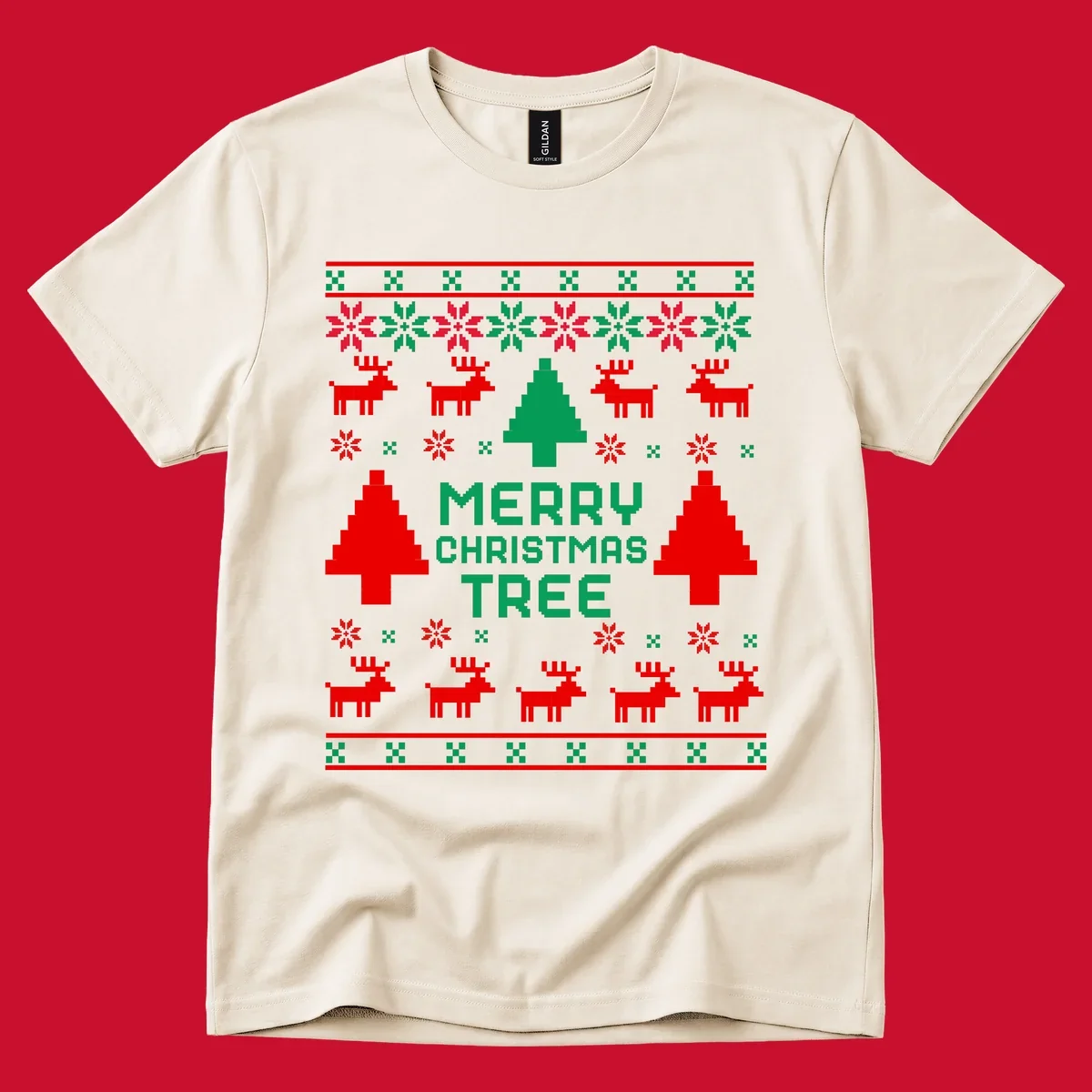 Ugly Christmas sweater pattern with reindeer, trees, snowflakes, and text 'MERRY CHRISTMAS TREE'.