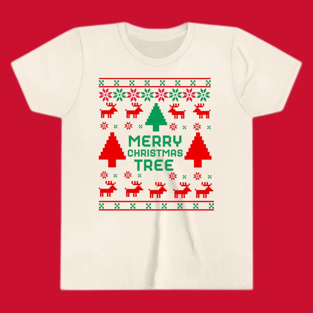 Ugly Christmas sweater pattern with reindeer, trees, snowflakes, and text 'MERRY CHRISTMAS TREE'.