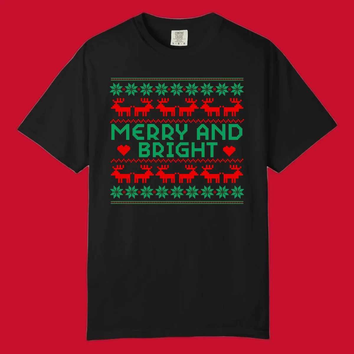 Pixelated Merry and Bright Christmas design with reindeer and snowflakes.