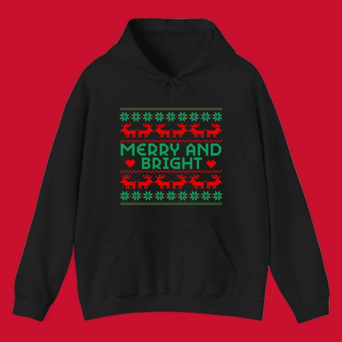 Pixelated Merry and Bright Christmas design with reindeer and snowflakes.