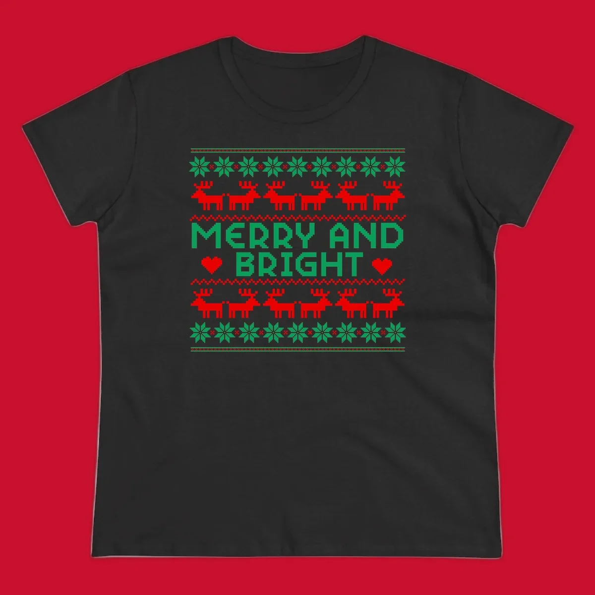 Pixelated Merry and Bright Christmas design with reindeer and snowflakes.