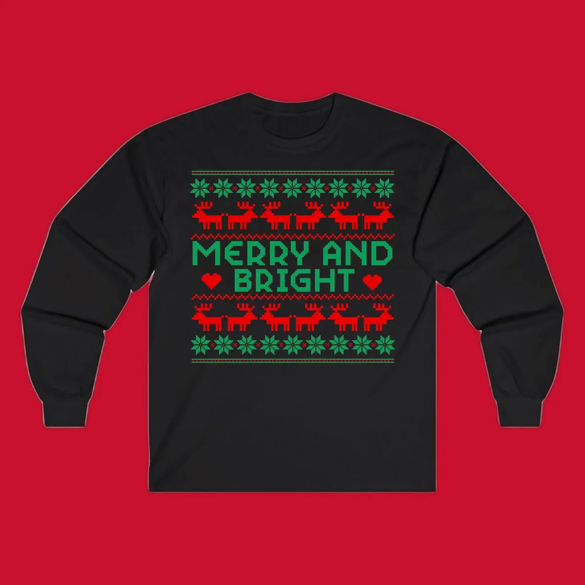 Pixelated Merry and Bright Christmas design with reindeer and snowflakes.