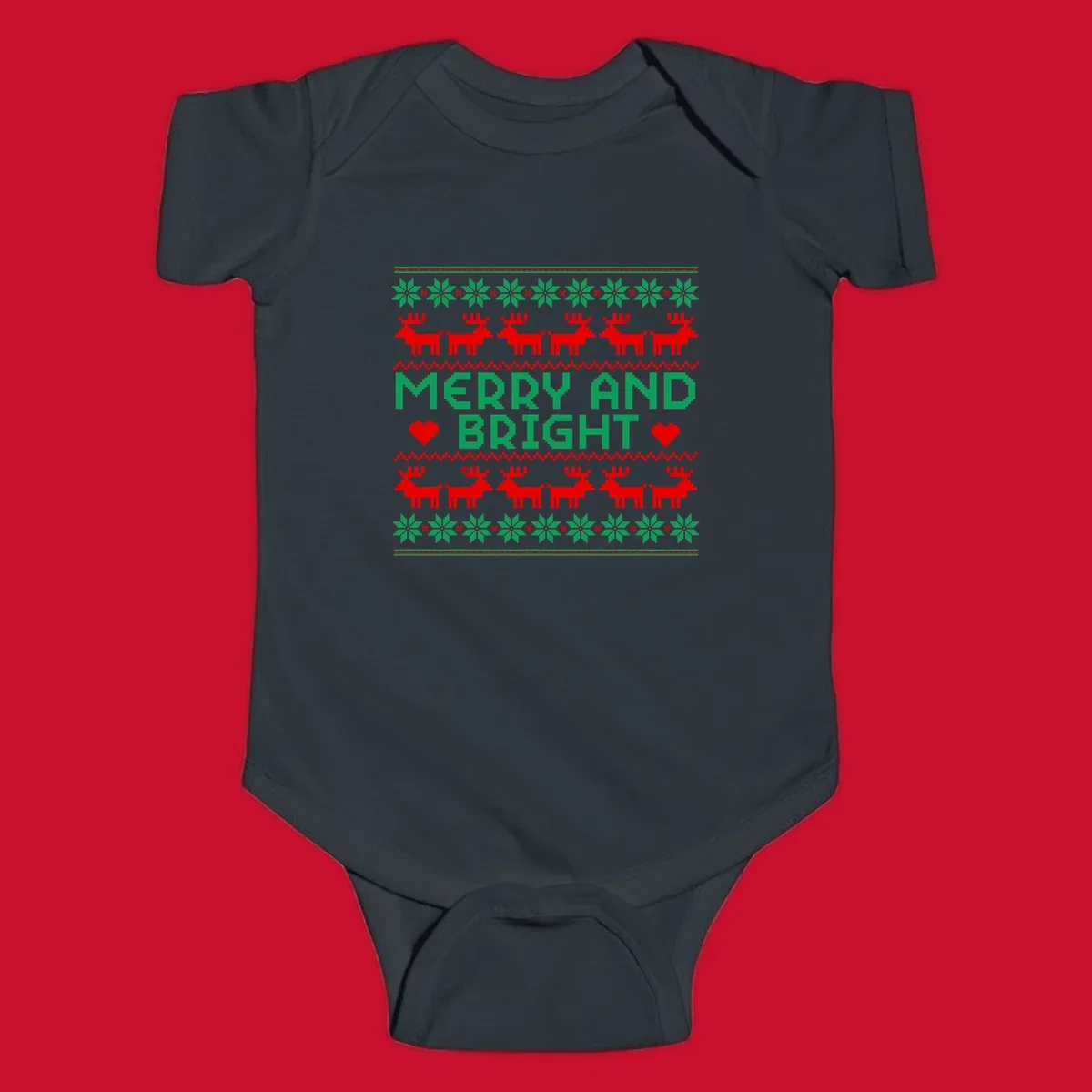 Pixelated Merry and Bright Christmas design with reindeer and snowflakes.