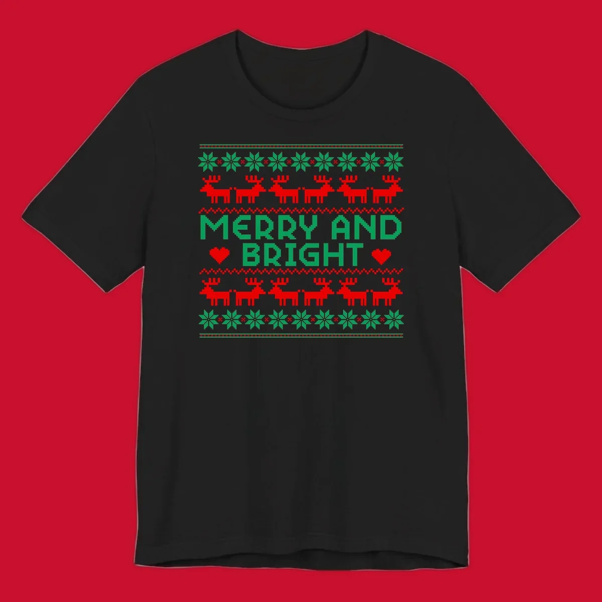 Pixelated Merry and Bright Christmas design with reindeer and snowflakes.