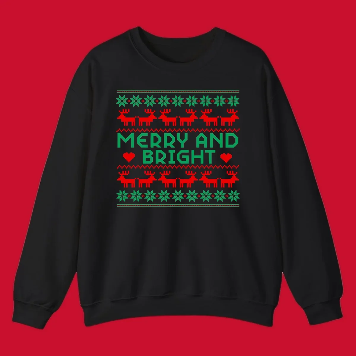 Pixelated Merry and Bright Christmas design with reindeer and snowflakes.