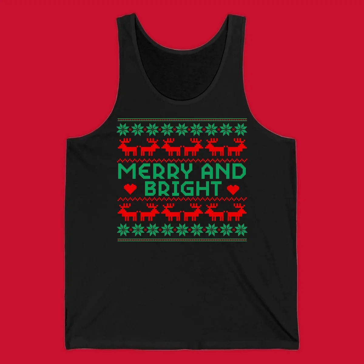 Pixelated Merry and Bright Christmas design with reindeer and snowflakes.