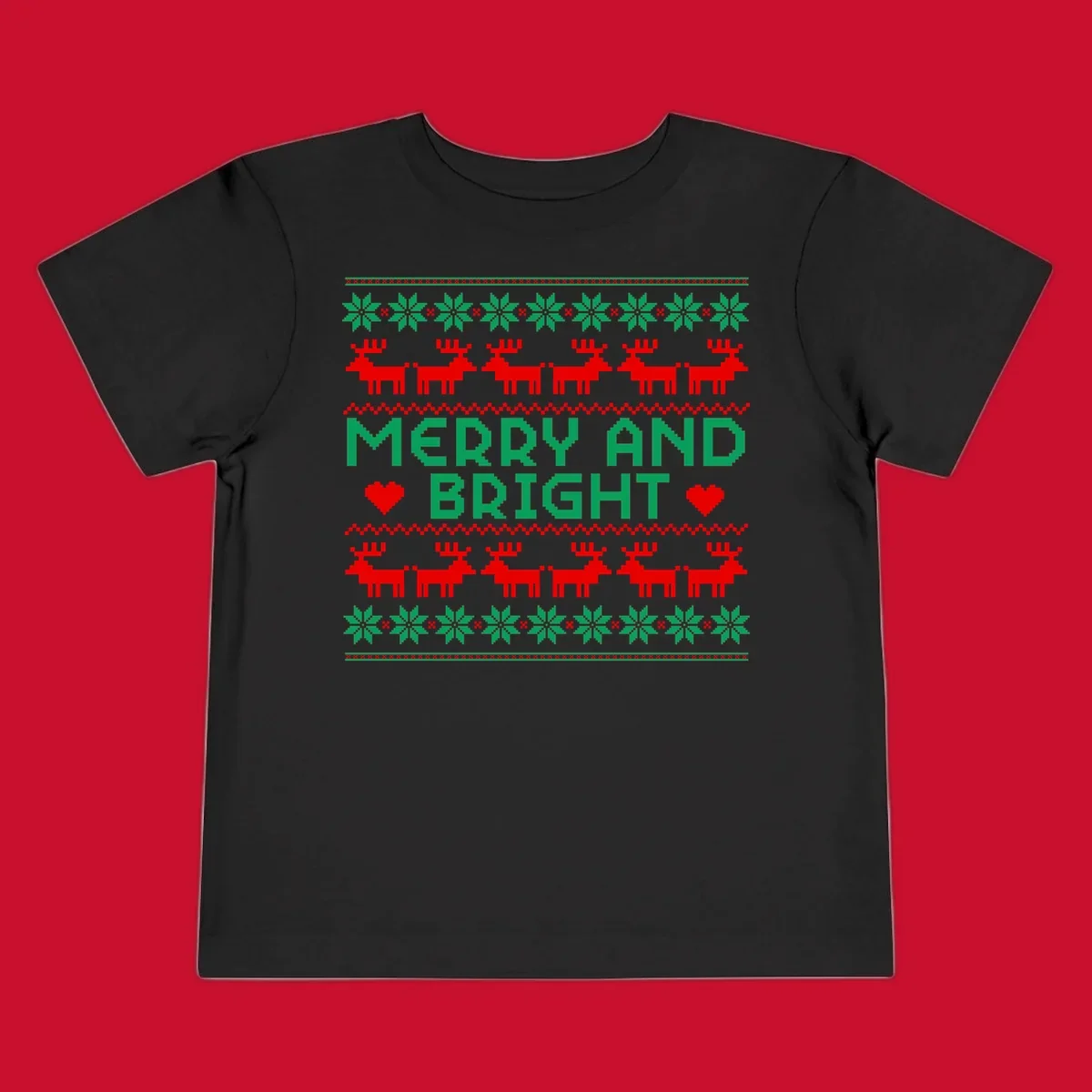 Pixelated Merry and Bright Christmas design with reindeer and snowflakes.