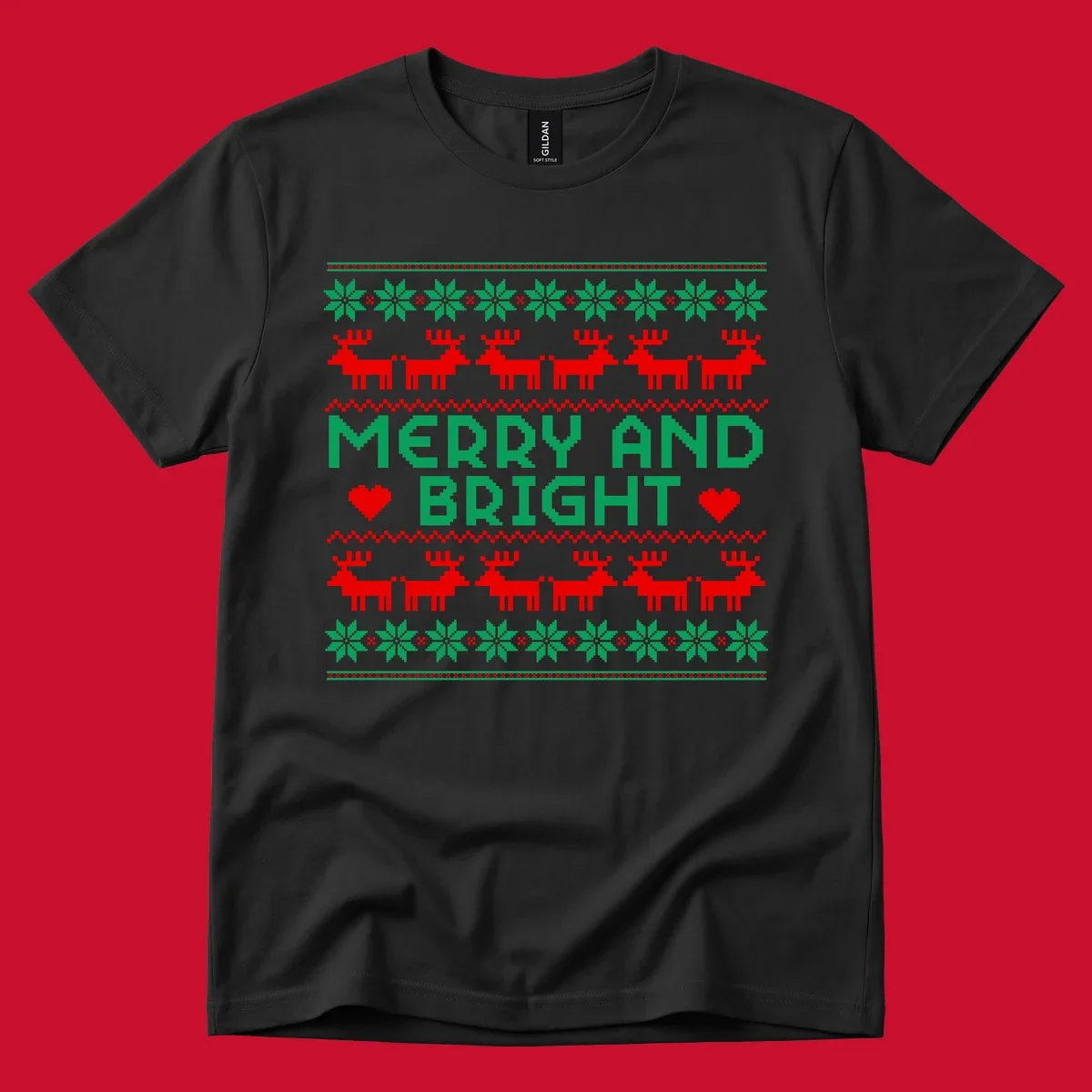 Pixelated Merry and Bright Christmas design with reindeer and snowflakes.