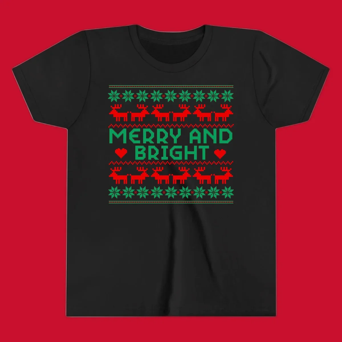 Pixelated Merry and Bright Christmas design with reindeer and snowflakes.