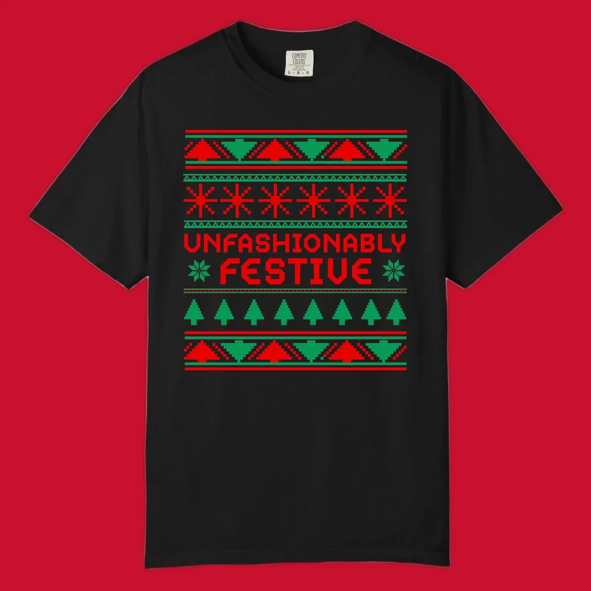 Unfashionably festive christmas ugly sweater design with pixelated trees and snowflakes.