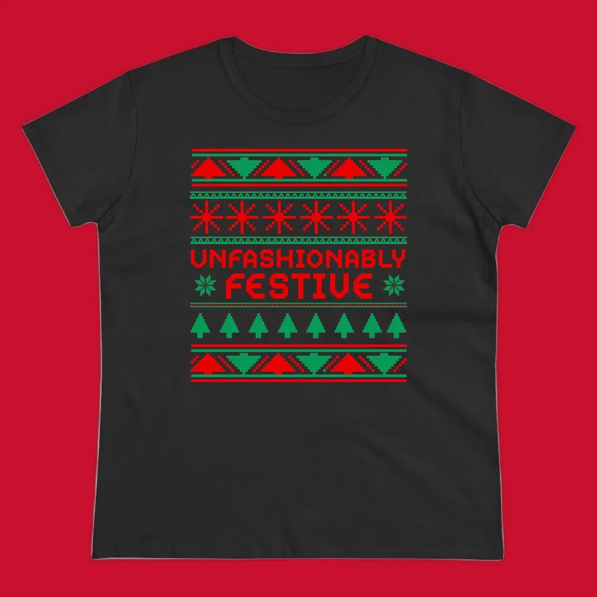 Unfashionably festive christmas ugly sweater design with pixelated trees and snowflakes.