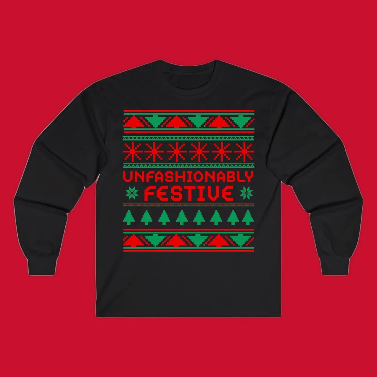 Unfashionably festive christmas ugly sweater design with pixelated trees and snowflakes.