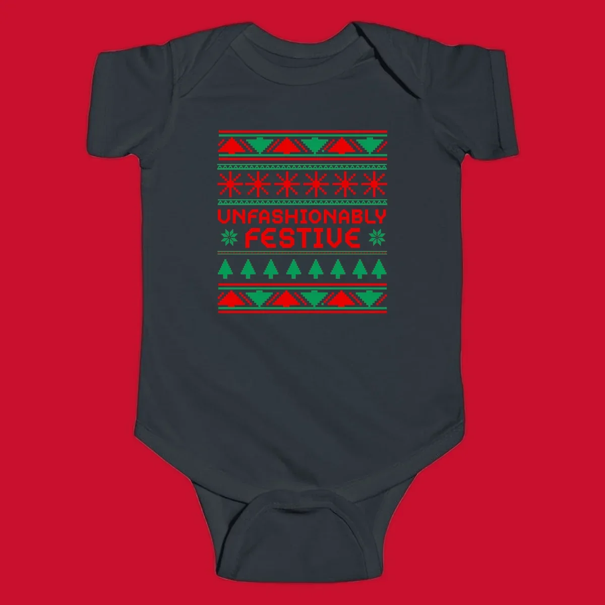 Unfashionably festive christmas ugly sweater design with pixelated trees and snowflakes.